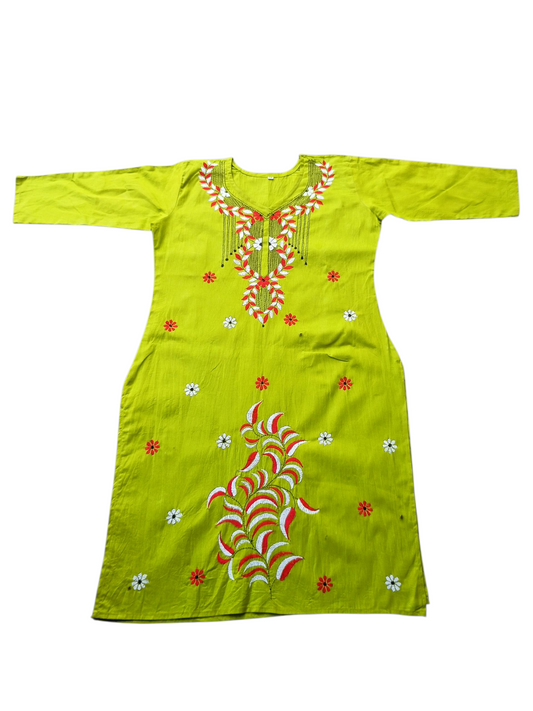Hand Embroidered Kanthastitch Kurti Light Green