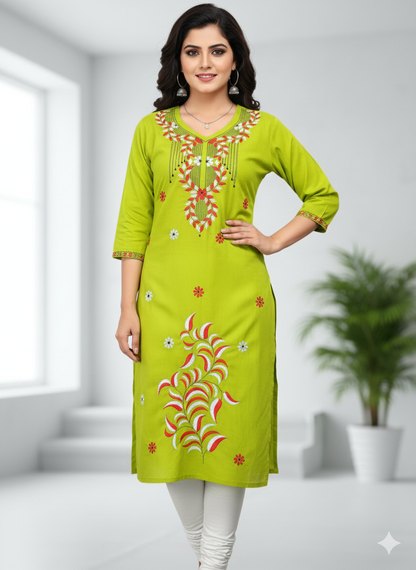 Hand Embroidered Kanthastitch Kurti Light Green